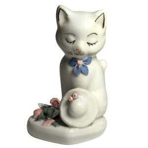 Ceramic Cat Bowing With Hat & Flowers Figurine - Porcelain Kitten, Miniature